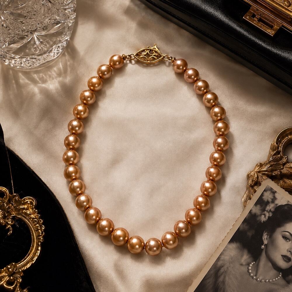 Vintage Champagne Faux Pearl Necklace | Filigree Fishhook Clasp | Old Money